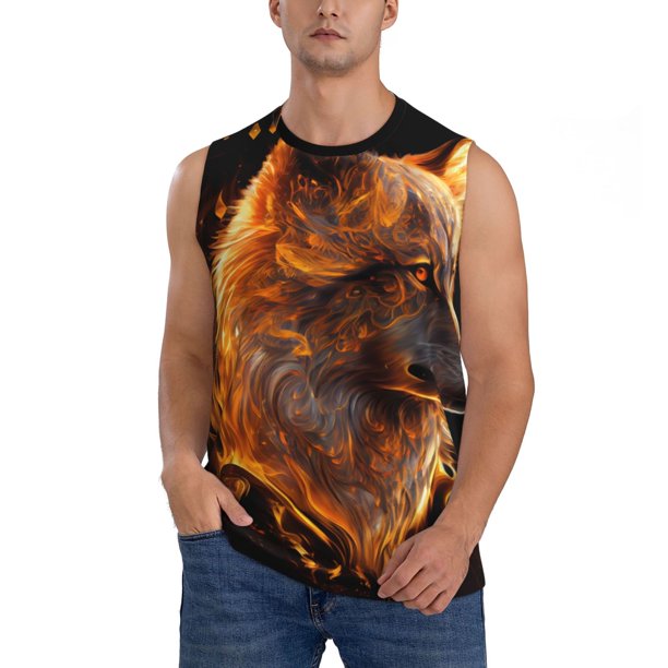 Balery Gold Flame Pattern Wolf Camisetas sin mangas para hombre, absorbe la humedad y protege contra el mal olor.-Large