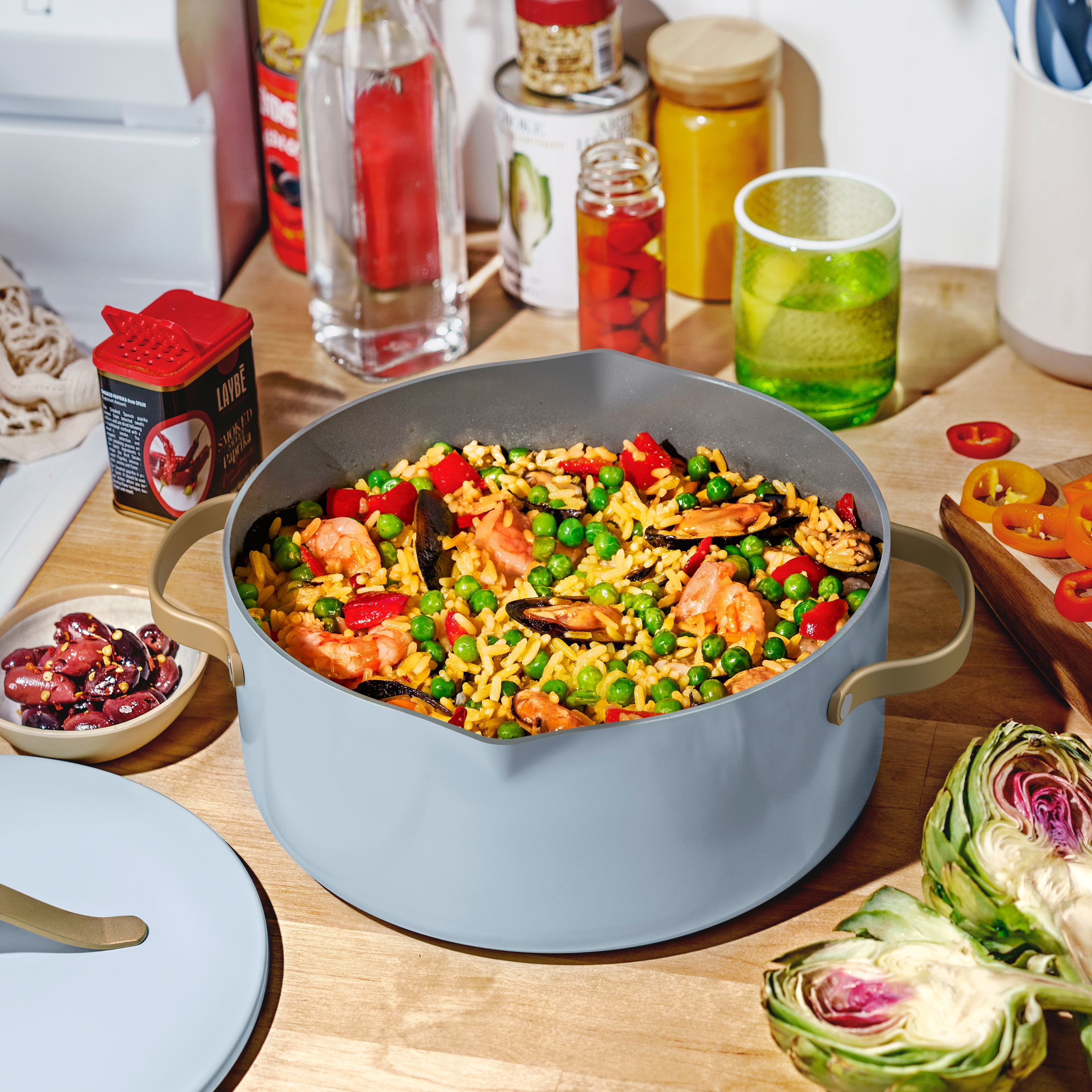 Beautiful 5 Quart Ceramic Non-Stick Dutch Oven with Strainer Lid, Cornflower Blue by Drew Barrymore