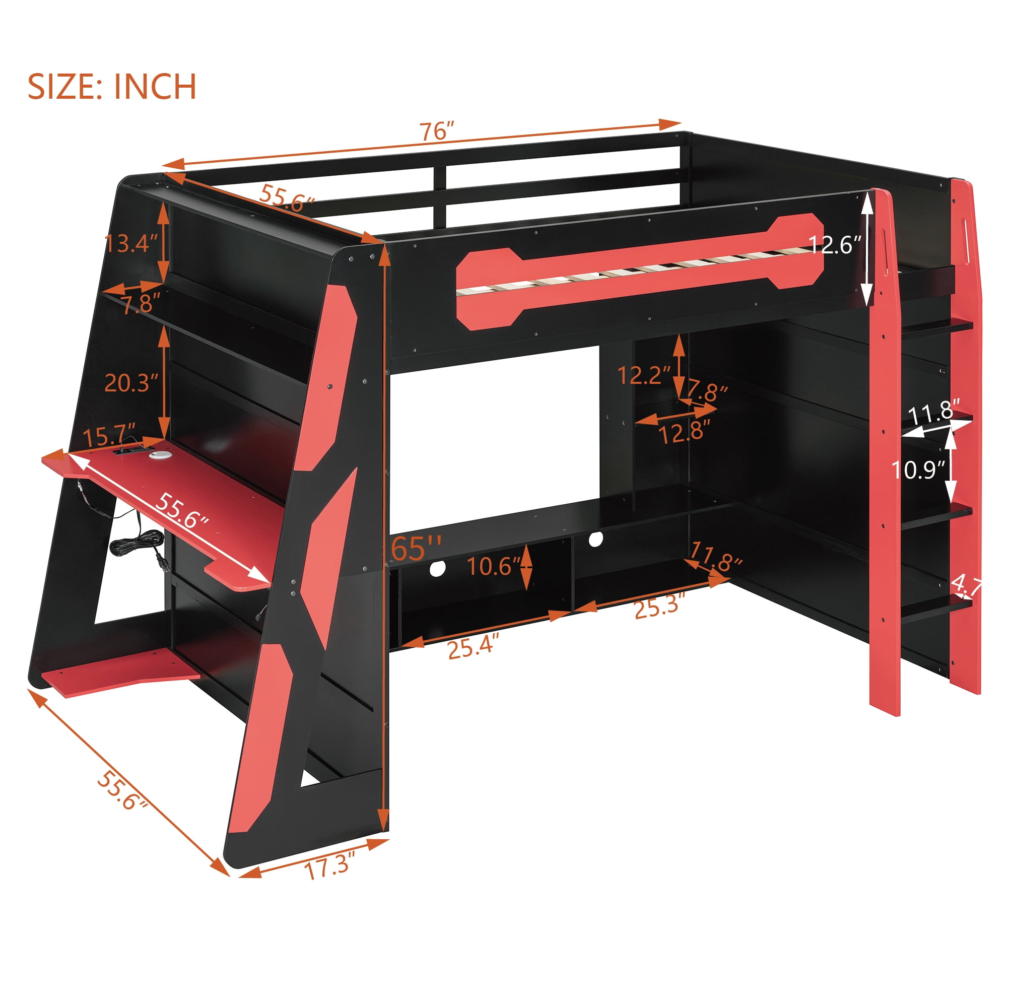 Aukfa Full Size Gaming Loft Bed for Teens, Wood Esports Bed Frame with Desk, LED Lights, Charging Station & Storage Shelves, Red
