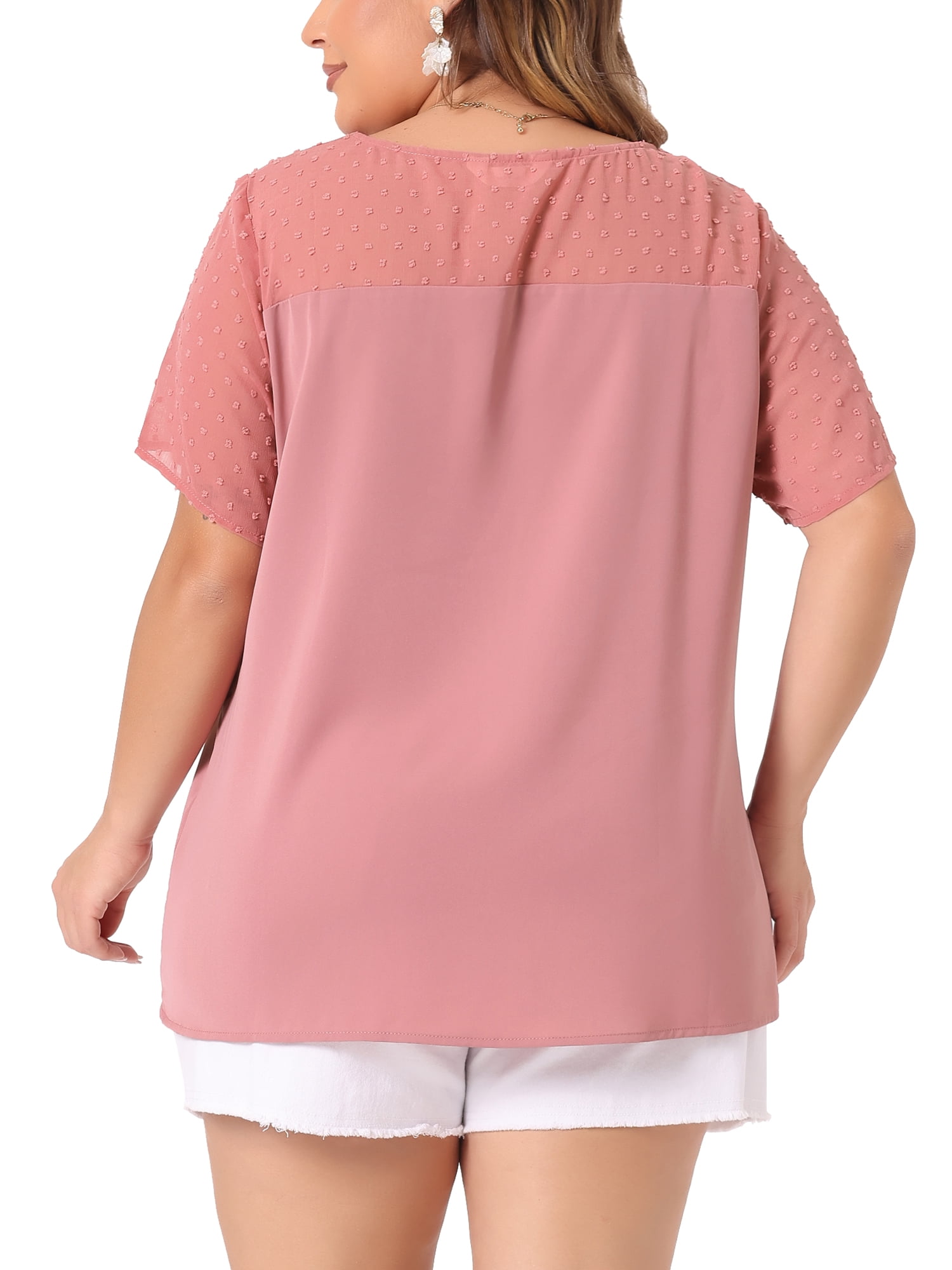 DARING DIVA Women's Plus Size Short Sleeves Polka Dots Lace Panel Top 4X Pink