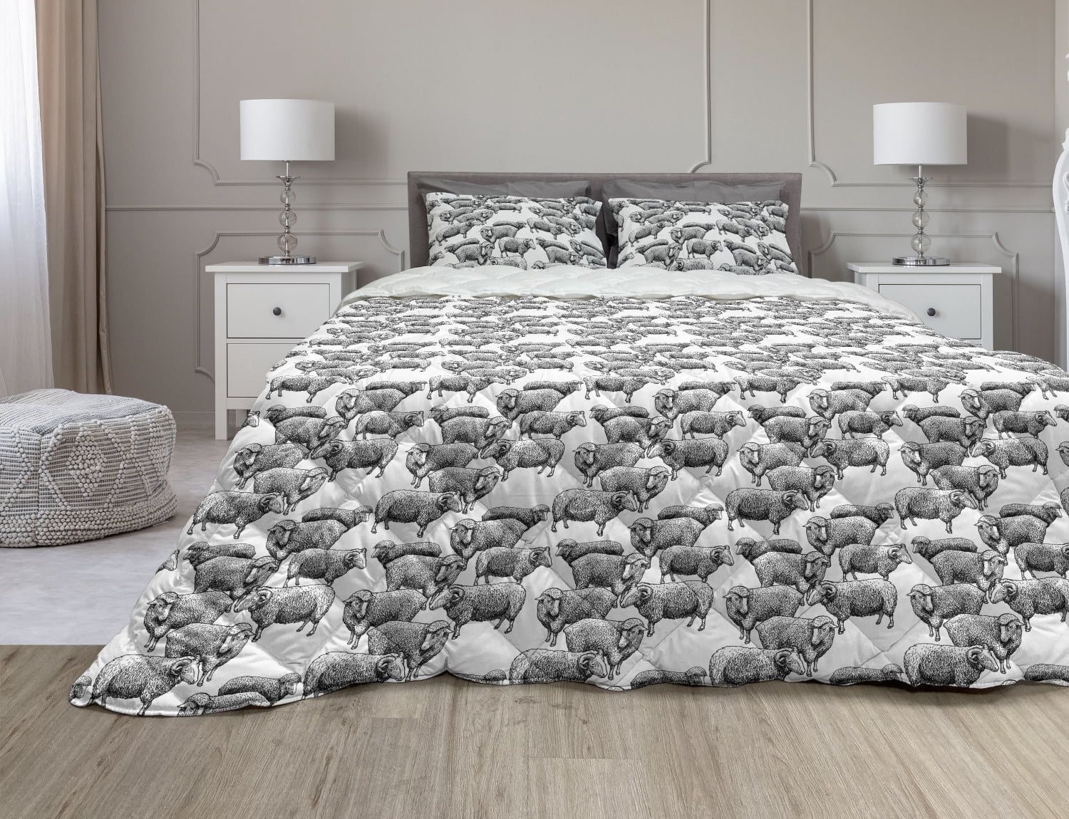 Cattle Comforter & Sham Bedding Set, Vintage Engraved Style Herd of