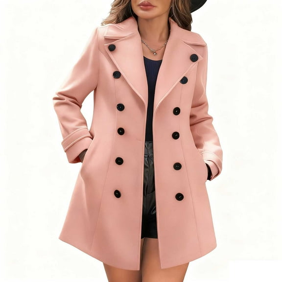 Kukoosong Women's Winter Wool Coats, Solid Color Long Sleeve Double Breasted Coats, Lapel Collar Jackets Slim Peacoats