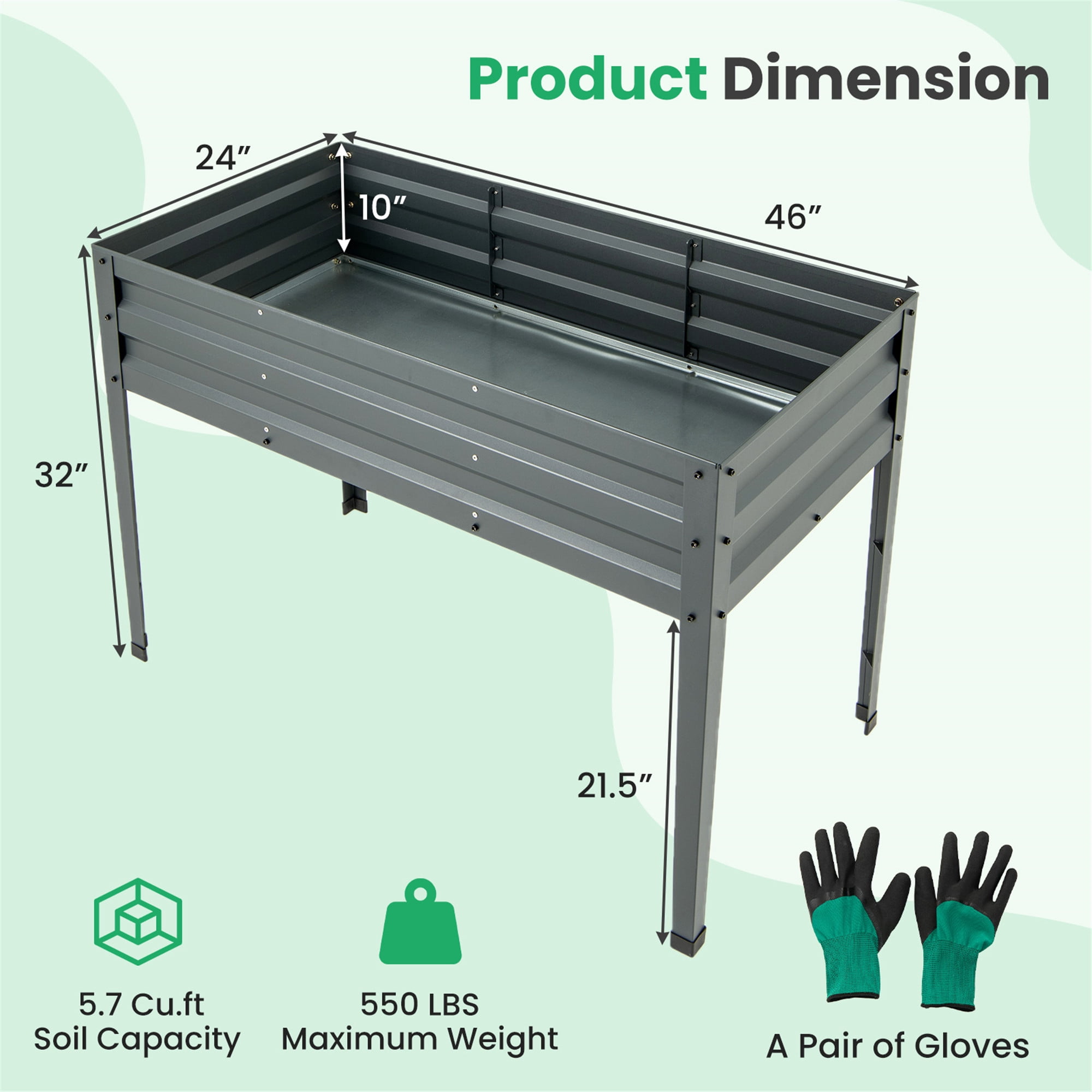 Gymax 46'' x 24'' x 32'' Galvanized Raised Garden Bed w/ Legs Drainage Holes for Flowers Grey
