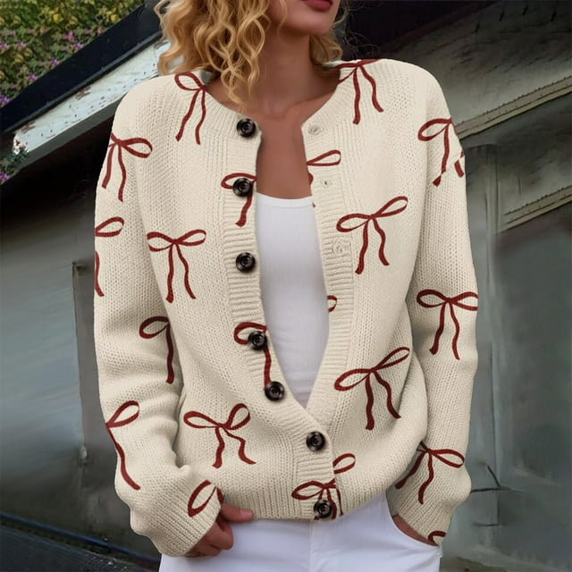 Plus Size Women's Christmas Santa & Tree Embroidered Cardigan Long Sleeve Round Neck Button Down Knit Sweater For Holiday Season