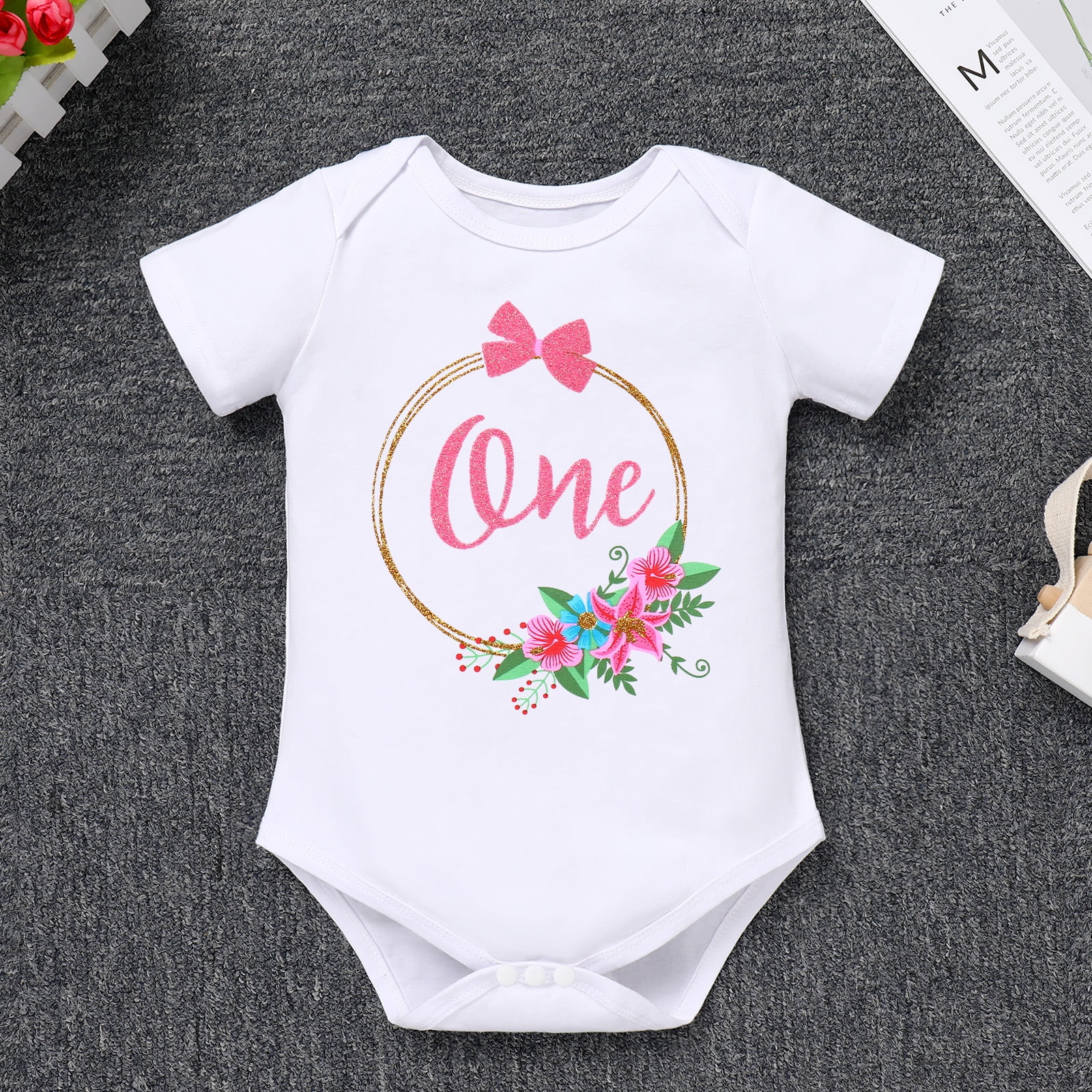 IBTOM CASTLE Infant Baby Girl One Year Old Birthday Outfit Floral Lace Party Cake Smash Romper + Tutu Skirt + Crown Clothes Set for Photo Shoot 1 Year Hot Pink - Flower