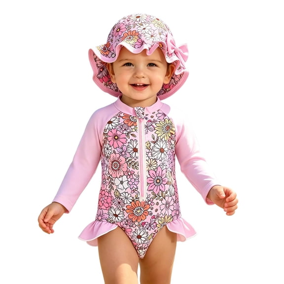 Toddler Girl Bathing Suit Girls One Piece Sun Swimwear Floral Print Crew Neck Long Sleeve with Long Sleeves and Swim Cap Multicolor Baby Swim for Girls with Swim Cap Red 6 Months-12 Months