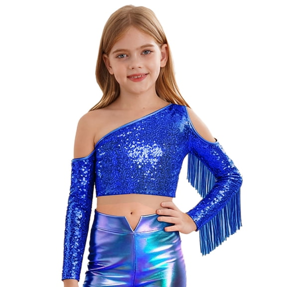 Miutii Girls One-Shoulder Sequins Dance Tops Tassel Sparkle Long Sleeve Crop Top Performance Outfits for 5-16 Years Royal Blue 14