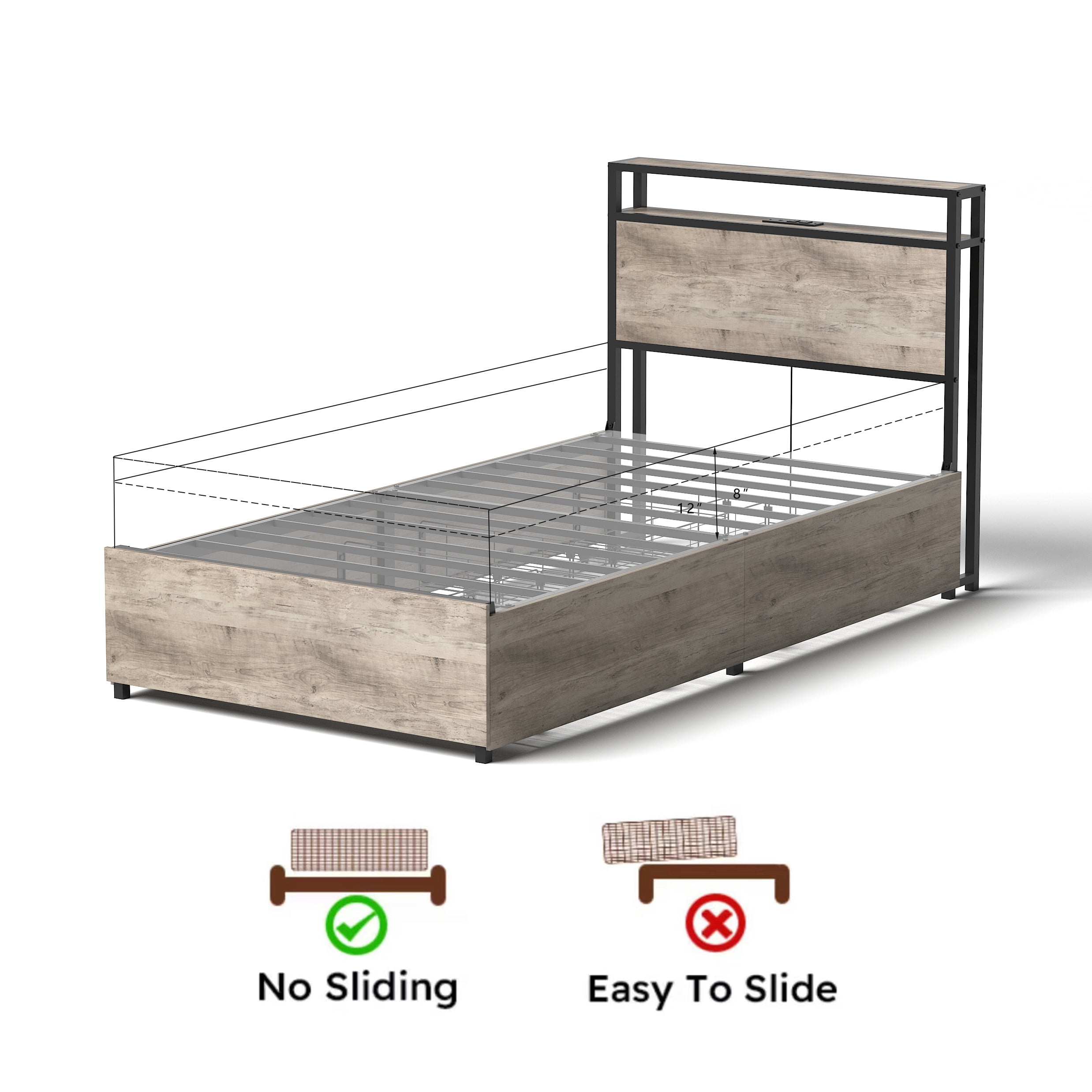 Miniyam Twin Size Bed with Storage Headboard, Charging Station for Teens, Gray