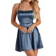thumbnail image 1 of Vestido de satén con cuello cuadrado y tirantes finos para mujer - Vestido de fiesta mini con volantes y lazo en la espalda - Poliéster, para discotecas/fiestas/citas - Tallas de la S a la L, 1 of 8