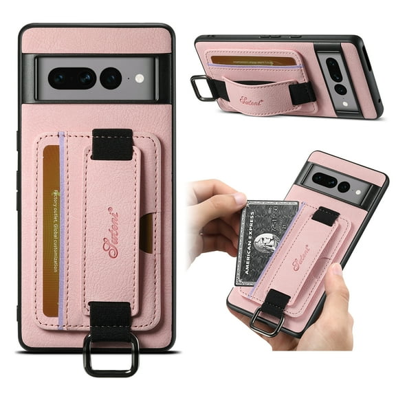 for Google Pixel 7 Pro PU Leather Card Slots Back Case, Classic Wristband Kickstand Finger Ring Shockproof Protective TPU Frame Phone Case for Google Pixel 7 Pro Women Men Boys Girls, Pink