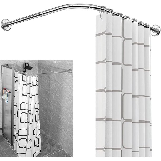 Barra de Baño para Cortina, Barra de Cortina de Ducha Extensible de 80-140cm con cortina de baño, Barra para Cortina de Baño en Forma de , Barra Angular para Cortina de Ducha para Baño