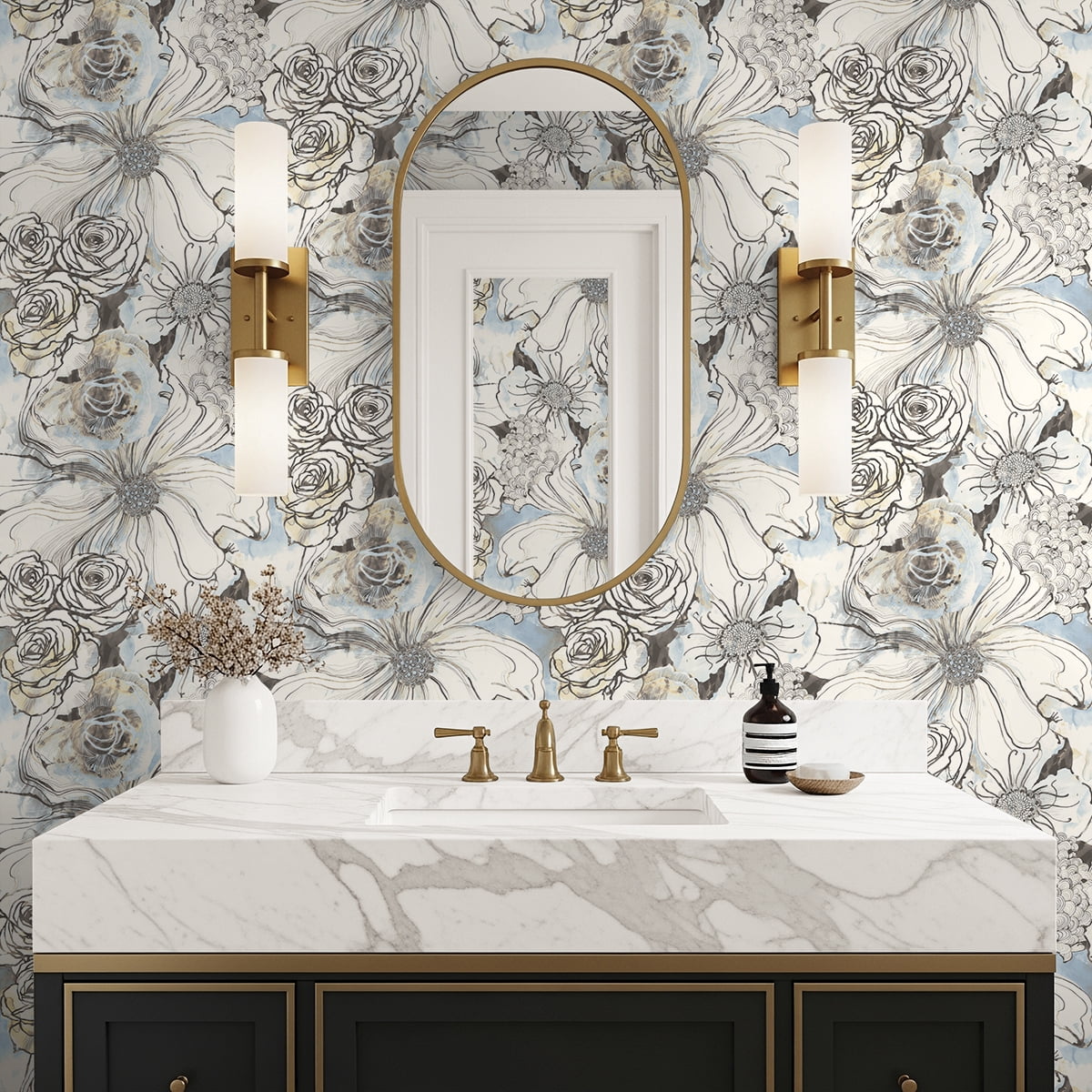 Harry & Grace Blue Mist & Stoneware Ink Rose Peel and Stick Wallpaper - 20.5 in. W x 18 ft. L Roll