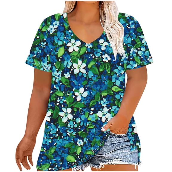 Turilly Women's Plus Size Summer Printed Tops V-Neck Short Sleeve Casual T-Shirt