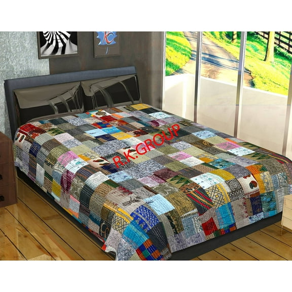 Indian Silk Twin Gray Patola Sari Patchwork Kantha Bedspread Bed Cover BohemianThrows Quilted Reversible Blanket