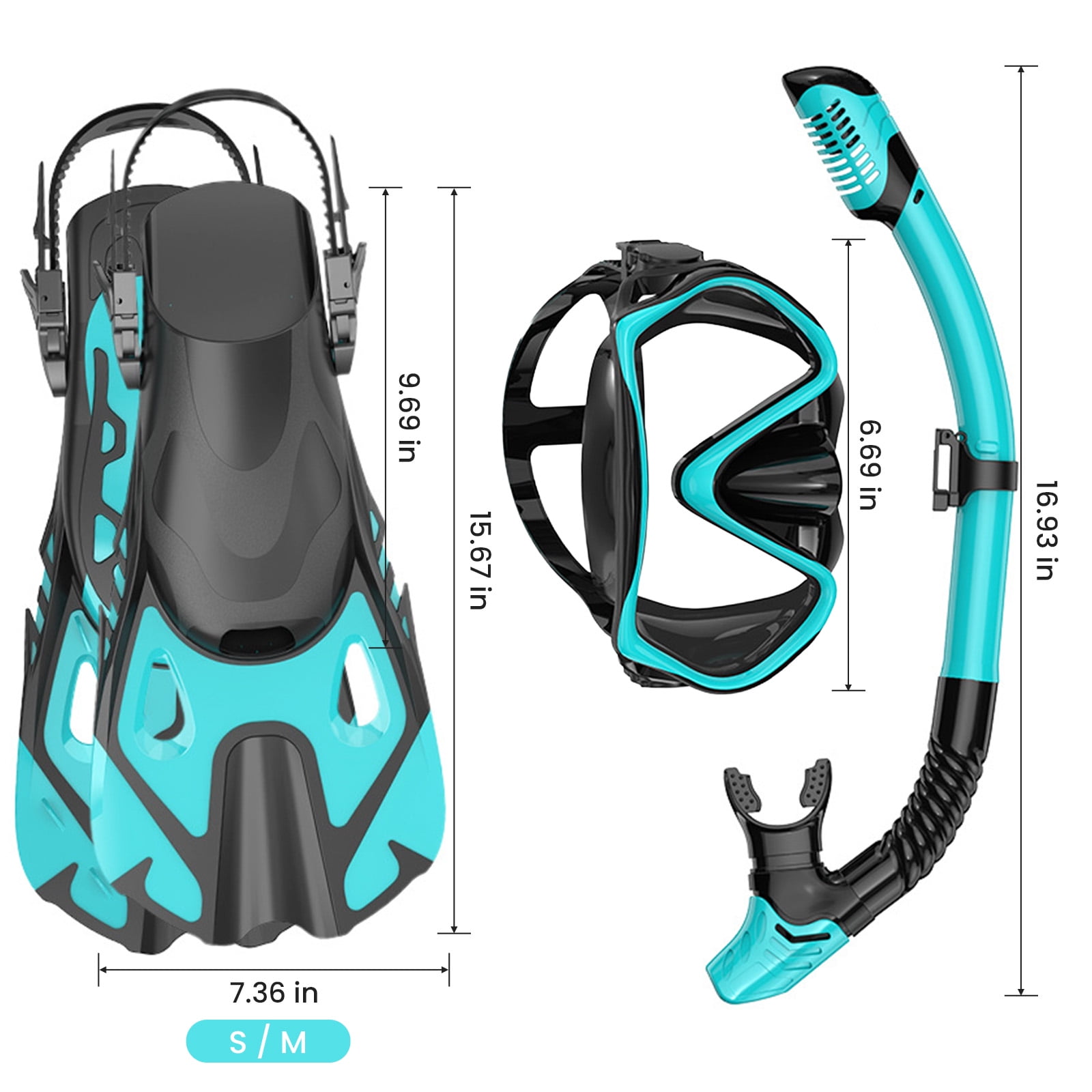 Snorkeling Gear for Adults Men Women, 3 in 1 Snorkel Set with Panoramic View Diving Mask, Dry Top Snorkel Fins for Swimming, Snorkeling and Travel Diving-Green（Small/Medium）