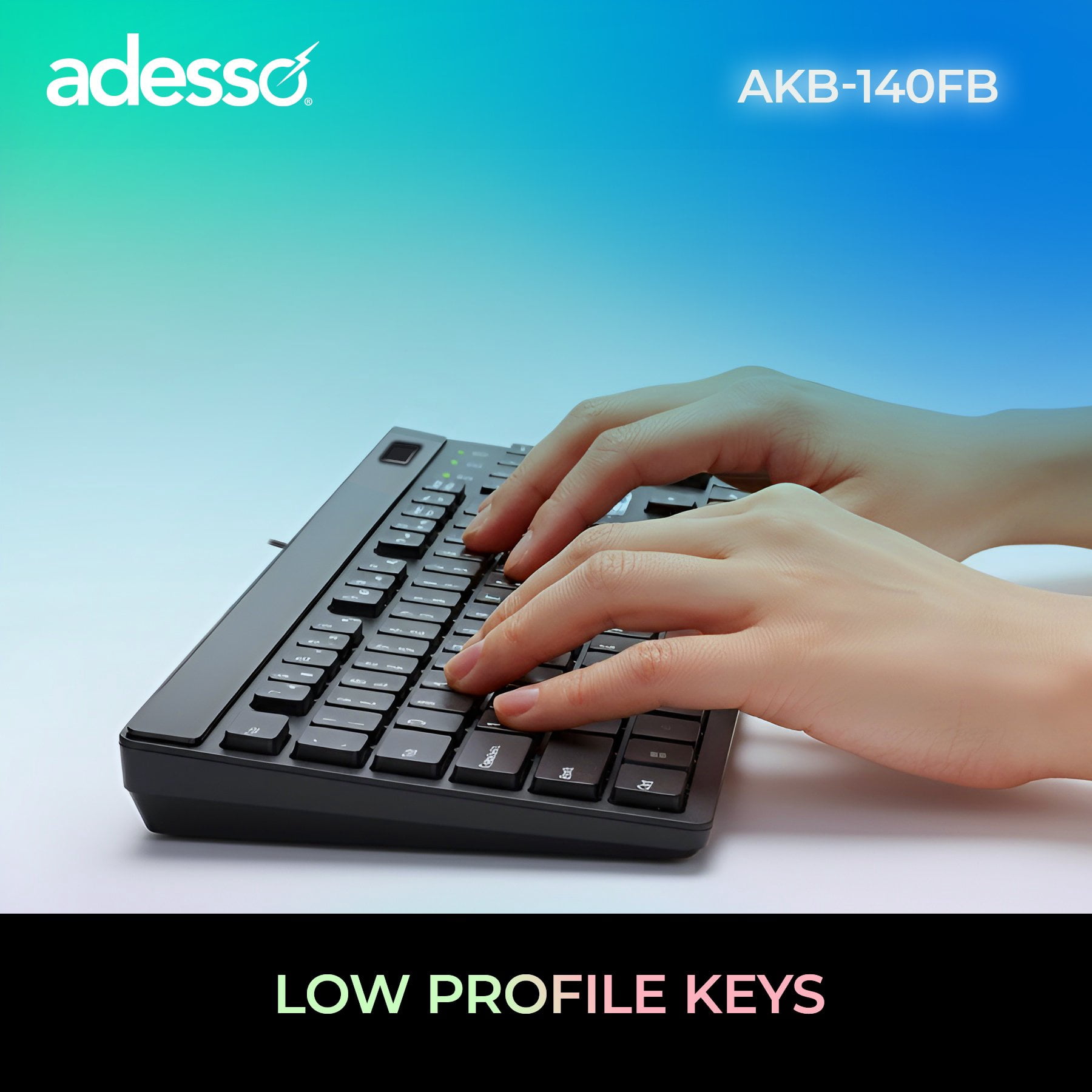 Adesso AKB-140FB Keyboard - Cable Connectivity - USB Type A, USB Type C Interface - 104 Key(s) - My Computer, Back, Forward, Search, Email, CoPilot, Play/Pause, Stop, Previous Track, Next Track, Vo...
