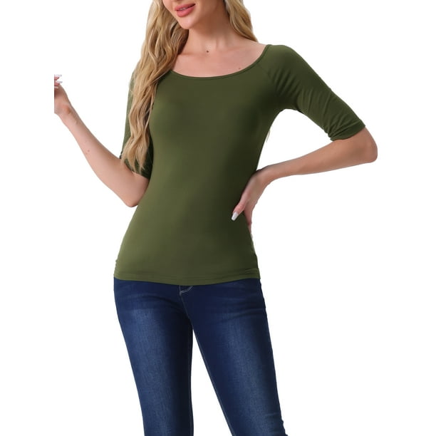 INSPIRE CHIC Camisetas de Cuello Barco para Mujeres, de Manga Corta, Ajustadas, Suaves, en Color Verde Militar