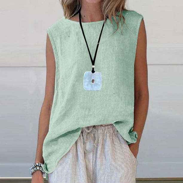 Craaazy Women's Relaxed Fit Round Neck Tank Top, Solid Color Sleeveless Asymmetric Top, Comfy High Low Hem Casual Vest for Summer Gifts