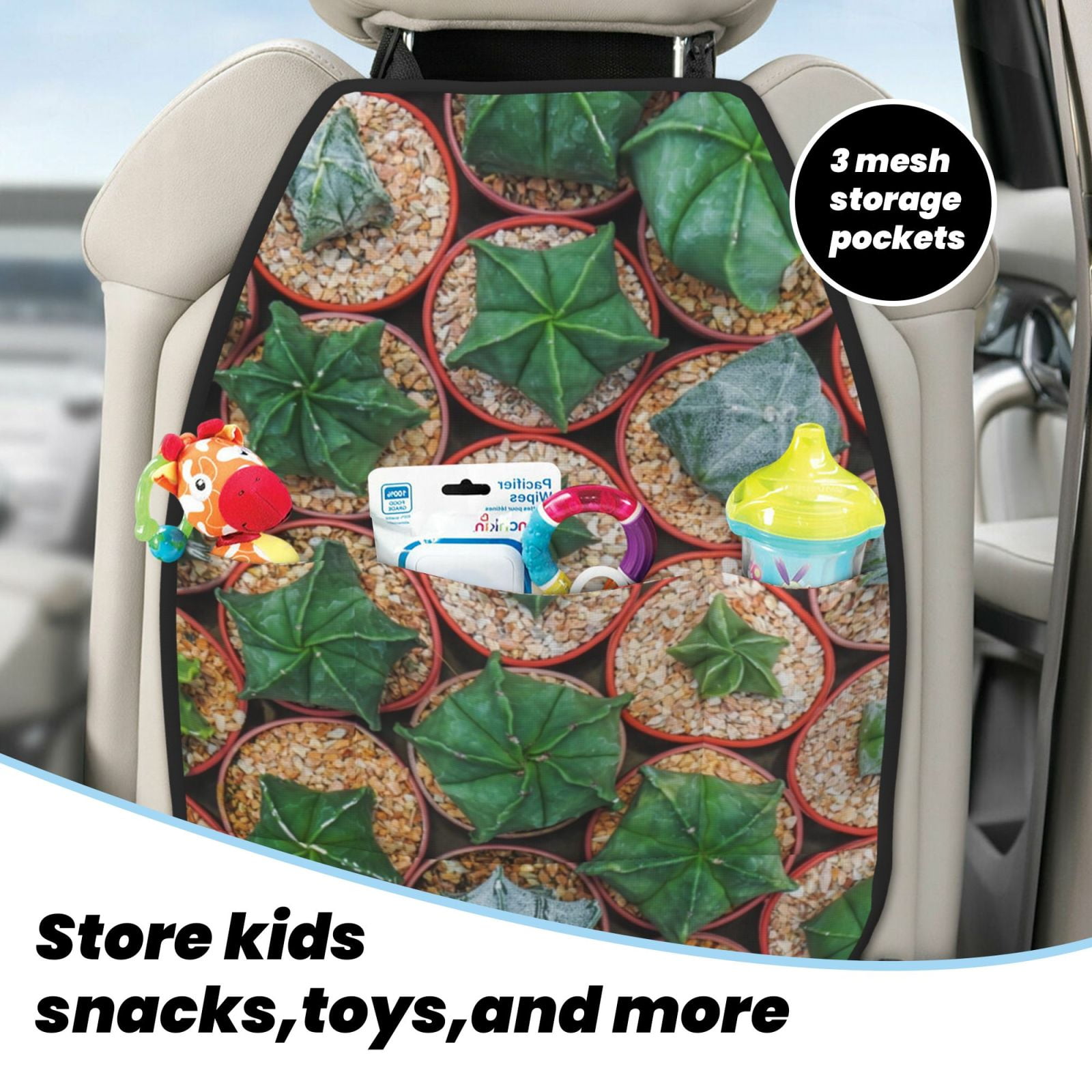 Xecao Cactus 4 Pattern Car Seat Back Protector 2 Pack Large Capacity Pocket, Kick Mats Back Seat Protector