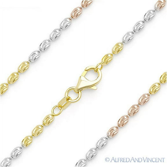 2.2mm Diamond-Cut Oval Bead Link Italian Chain Necklace in Tri-Tone .925 Sterling Silver