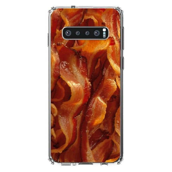 DistinctInk Clear Shockproof Hybrid Case for Samsung Galaxy S10  PLUS(6.4" Screen) - TPU Bumper, Acrylic Back, Tempered Glass Screen Protector - Crispy Strips of Bacon -Bacon
