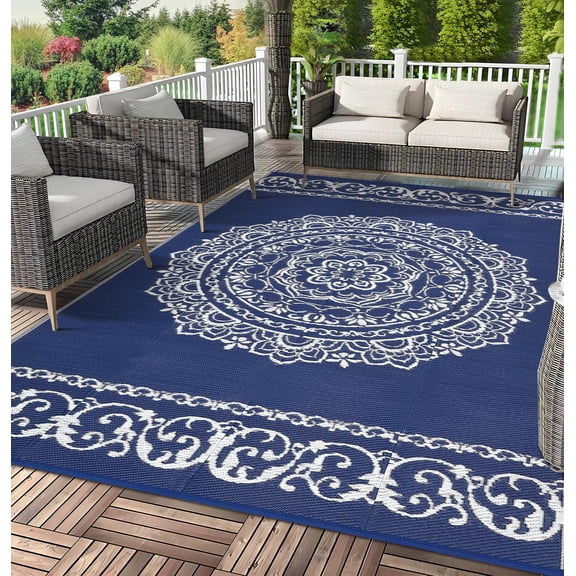 Outdoor Rug 9x18 Ft - Waterproof Plastic Reversible  Style Camping Mat for Patio, RV, Dark blue & White