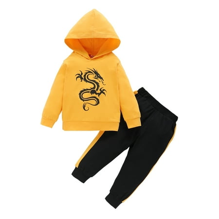 

KIMI BEAR Newborn Baby Boys Outfits 9 Months Newborn Boy Autumn Outfits 12 Months Newborn Boy Casual Dragon Print Hooded Long Sleeve Top + Pants 2PCs Set Yellow