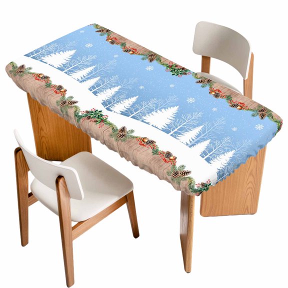 Christmas Blue Table Cloths for 6 Foot Rectangle Tables, White Xmas Tree Forest Poinsettia Rustic Wooden Patio Waterproof Elastic Fitted Tablecloths, Washable Rectangular Table Cover for Camping