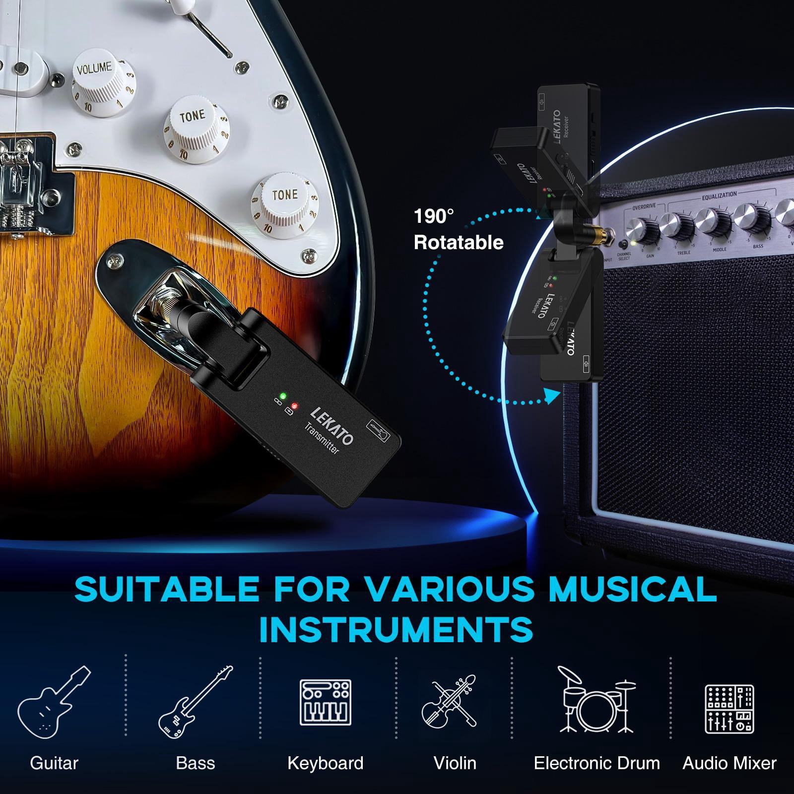 LEKATO WS-100 2.4GHz Wireless Guitar System W/ Charging Box, Rechargeable Wireless Guitar Transmitter Receiver, 4 Channels, 30m Range, 190° Rotatable Portable Electronic