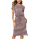 thumbnail image 1 of Puntoco Vestido De Mujer Con Cuello Redondo Y Cintura Ajustable, Vestido Midi A Rayas Con Bolsillos, Vestido De Manga Corta Con Cuello Redondo, Marrón L,Regalos Para Mujer Joven, 1 of 5