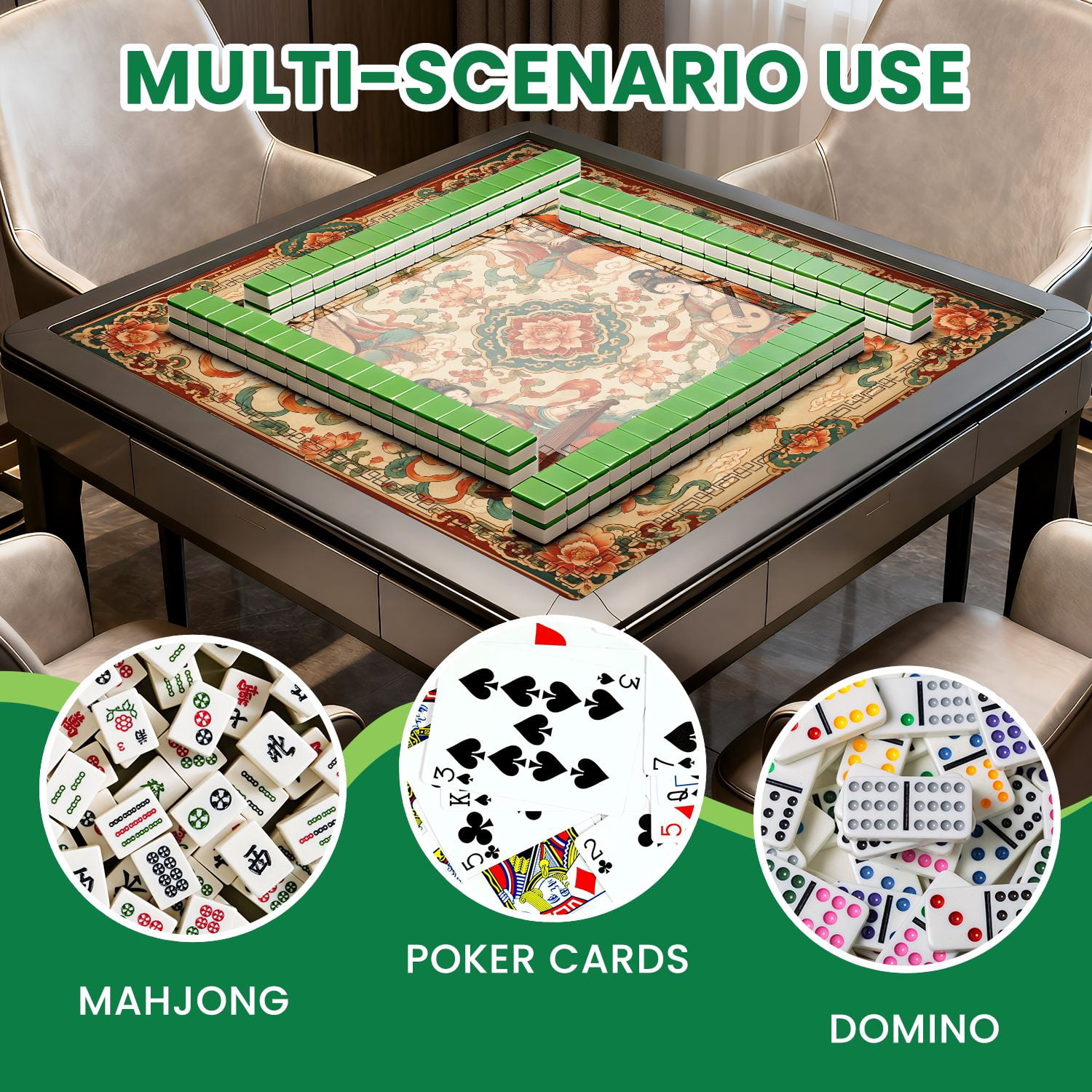 Mahjong Mat 31.5" x 31.5" Ornate Asian Goddesses Playing Traditional Musical Instruments Lotus Non-Slip Noise Reduction American Mahjong Tiles Table Cover for Dominoes Poker Card Board Games Gift