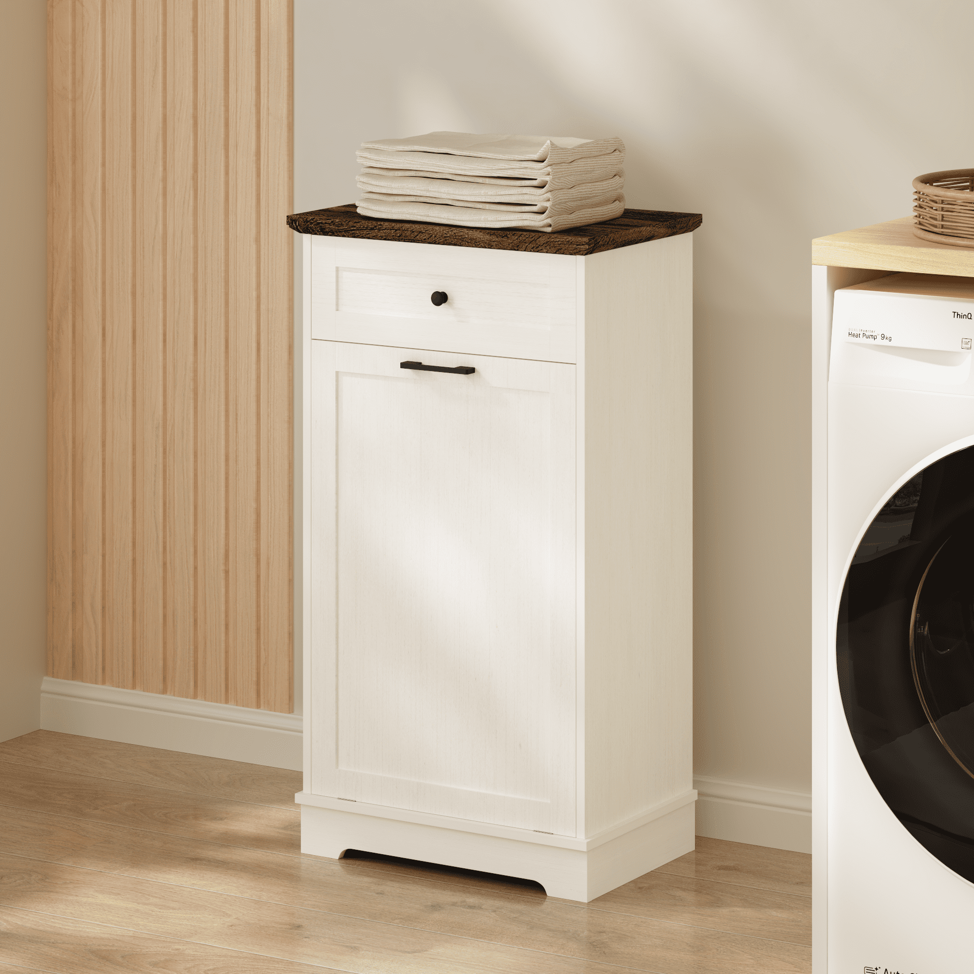 13 Gallon Tilt Out Trash Cabinet Freestanding Trash Bin Cabinet Wood Garbage Recycling Cabinet with Drawer Pet Proof Trash Can Holder for Kitchen Living Room, Antique White (Not include trash can)
