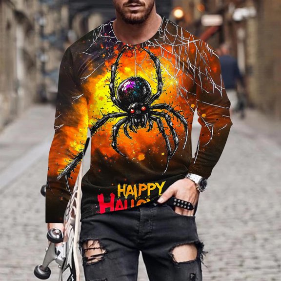 Nmnitkp Long Sleeve Shirts for Men Comfortable Mens Sweatshirt Casual Round Neck Long Sleeve Pullover Halloween Printed T-Shirt Casual Blouse Tops Yellow,2XL