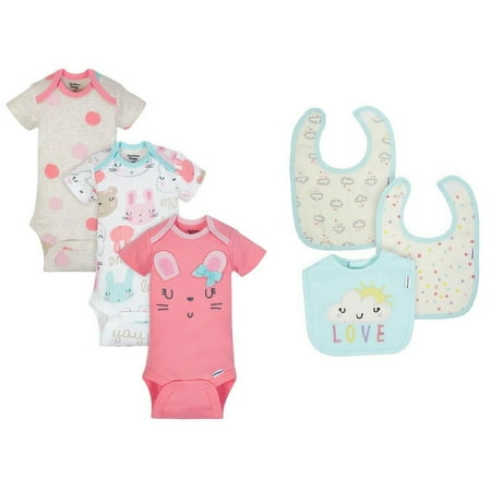 

Organic Cotton Baby Girls Peach Bunny Face Onesies and Bibs 6pc Gift Set