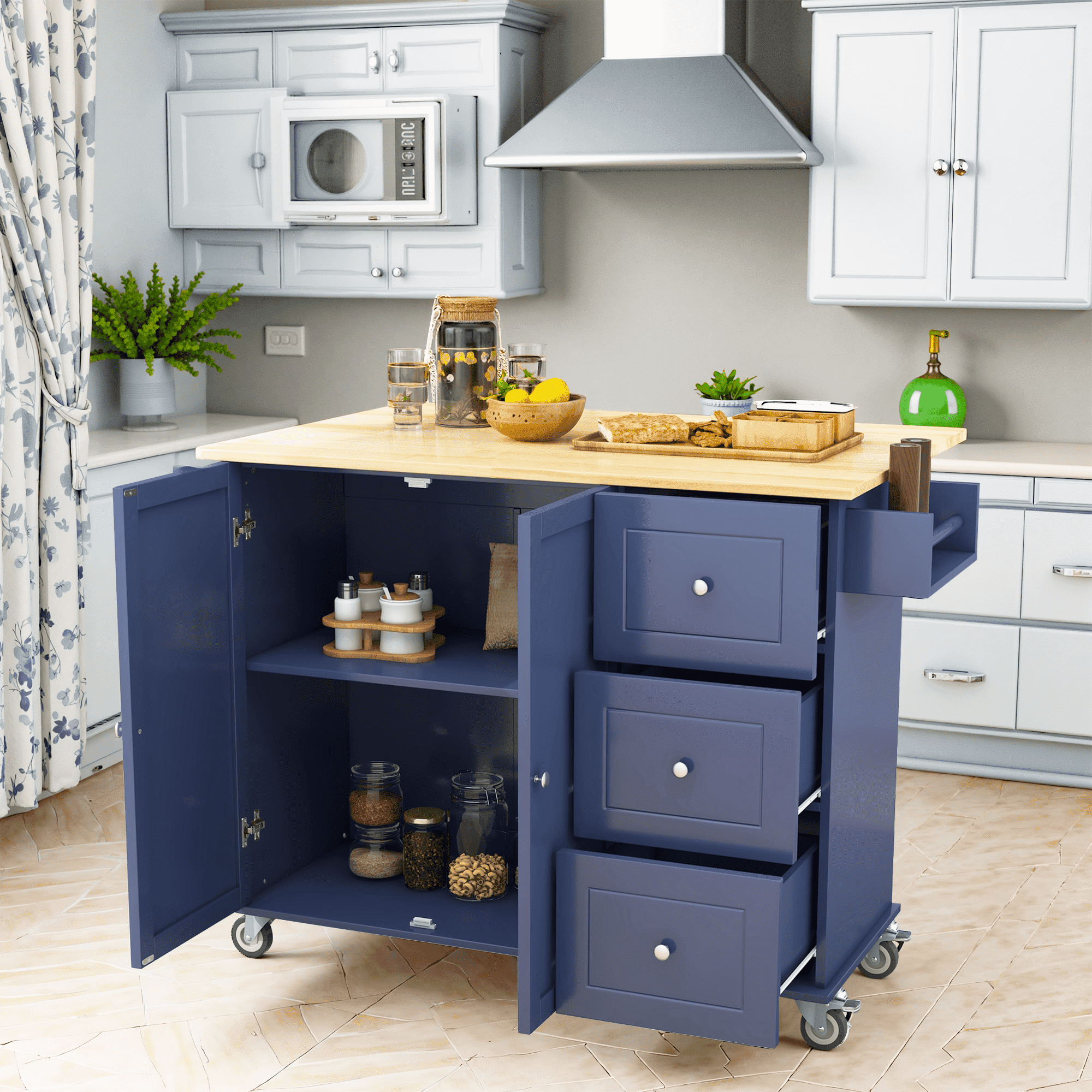 MAYEERTY Rolling Mobile Kitchen Island - Drop Leaf, Locking Wheels & Storage Cabinet