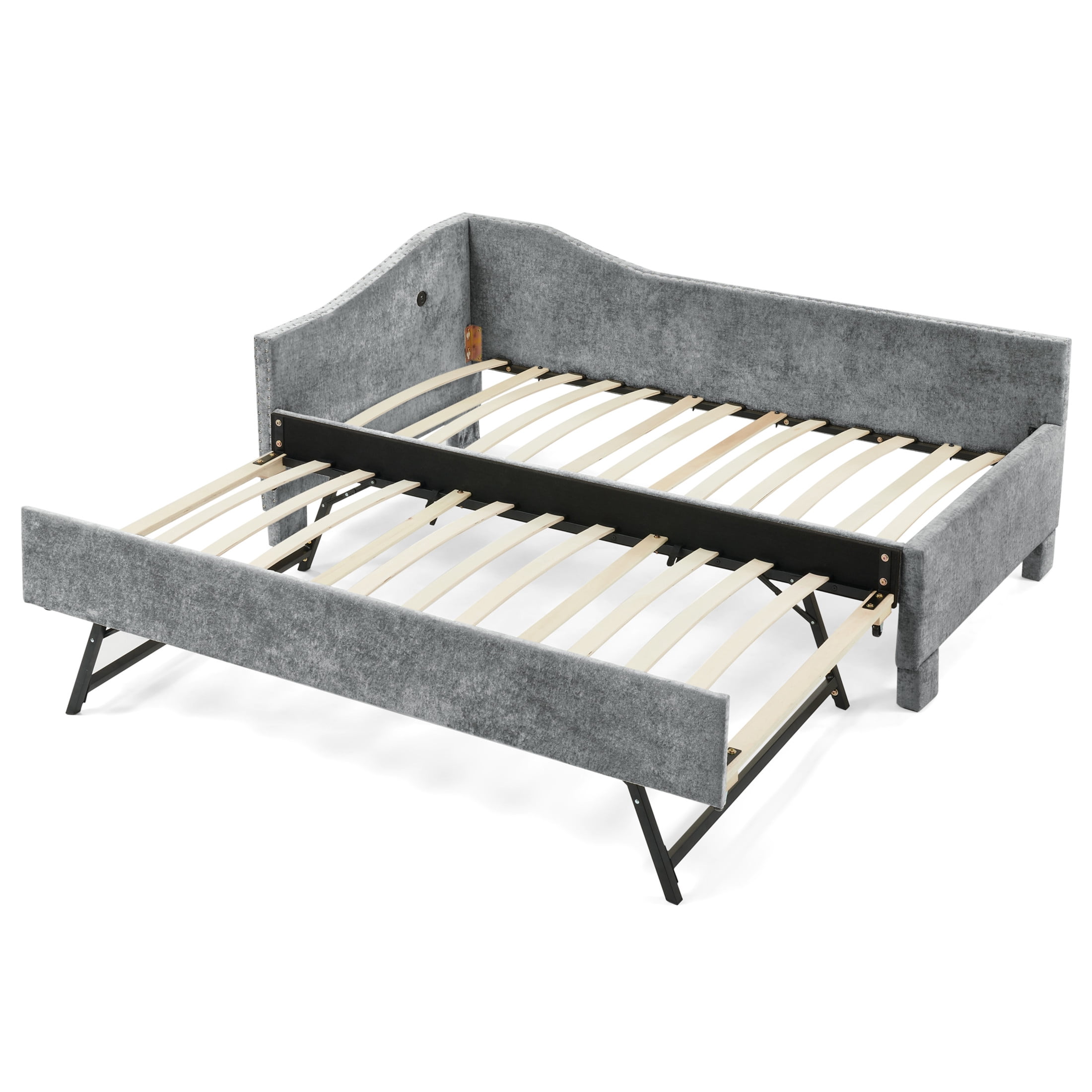 Noble House Phineas Full Size Chenille Padded Daybed, Sofa Bed Frame with Twin Trundle and Charging Port, Grey