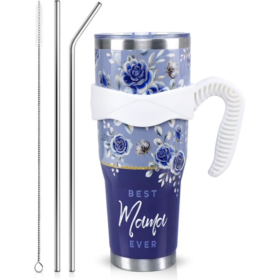 Floral Mama Tumbler 40oz Blue - Best Mama Ever Gift from Daughter Son - Insulated Stainless Steel Cup with Handle & Straw - Mothers Day Birthday Christmas
