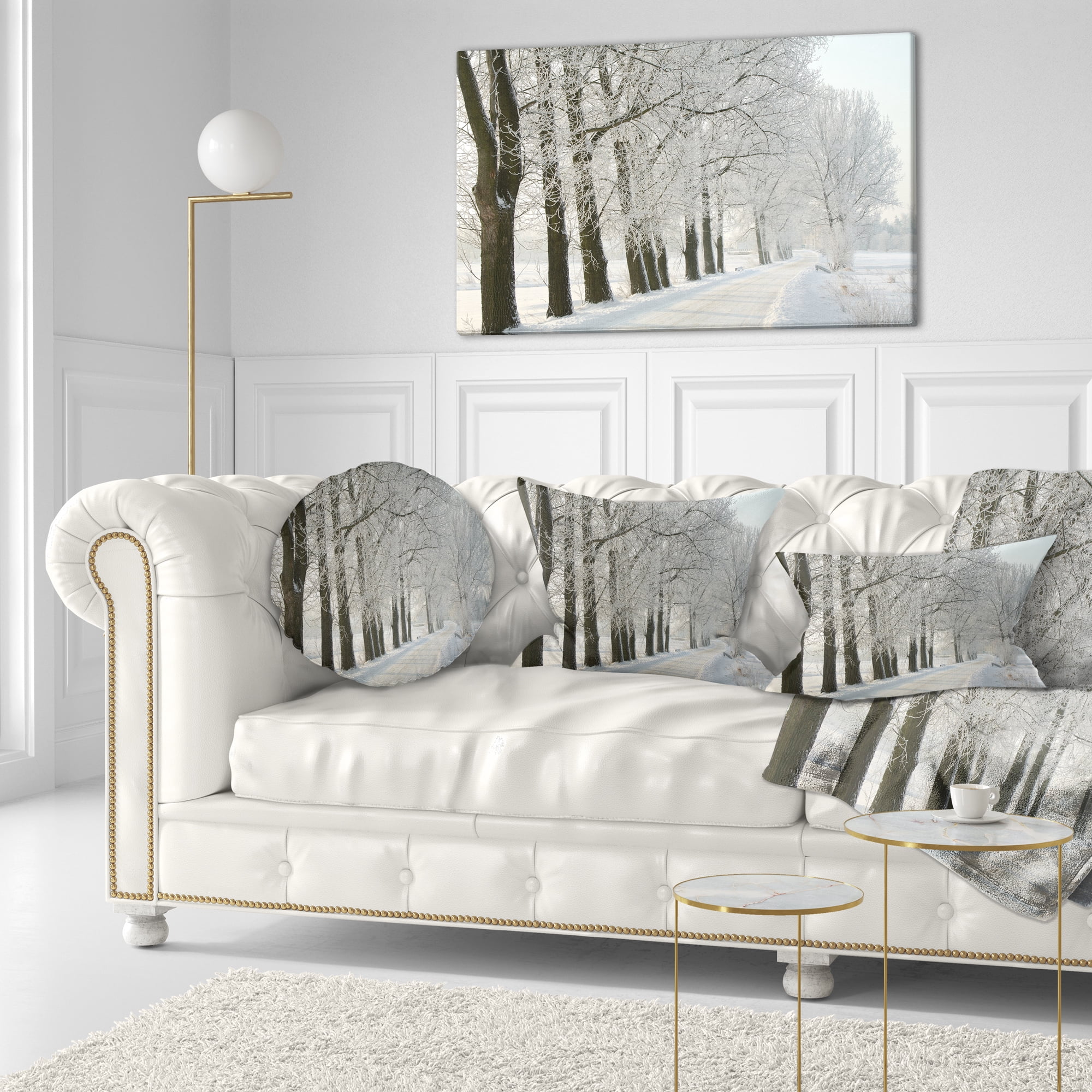 Designart Winter Rural Road at Sunrise - Forest Throw Pillow - 12x20