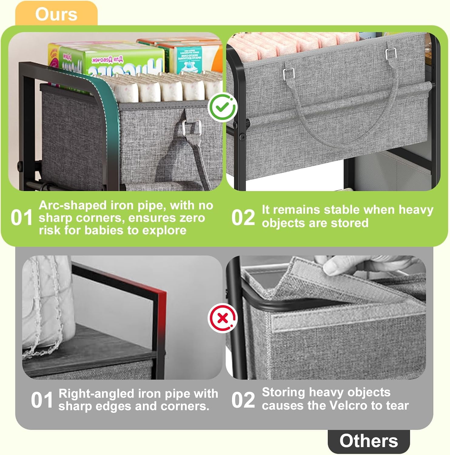 Gofinoday 2-in-1 Baby Diaper Caddy Organizer, 3-Tier Rolling Nursery Cart with Removable Caddy, Dividers, Drawers and Lockable Wheels, Gray