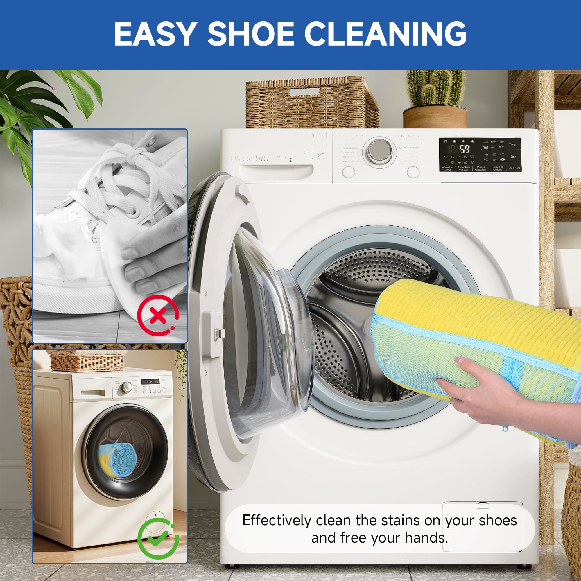 17PCS Shoe Washing Machine Bag, Laundry Shoe Bag, Reusable and Durable Zipper Shoe Cleaner Kit with 2 pairs Adjustable Shoe Trees(Large Yellow)