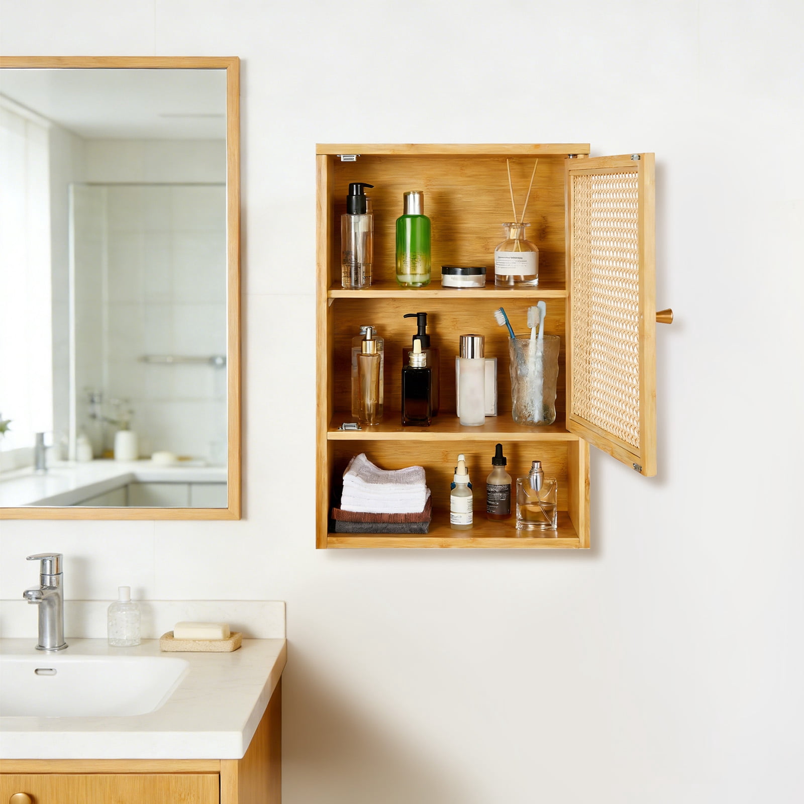 Garvee Bathroom Wall Cabinet, Bamboo Over-The-Toilet Storage Organizer with Rattan Doors and Adjustable Shelf, Space Saver Medicine Cabinet for Laundry, Kitchen, Living Room and Home Office Wood