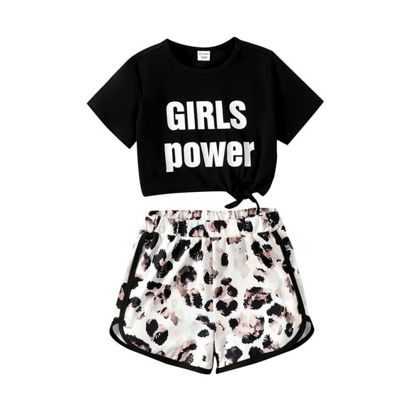 PatPat Kid Girl 2 Pieces Outfits Letter Graphic Tee and Leopard Print Athletic Shorts Summer Set Sizes 5-12