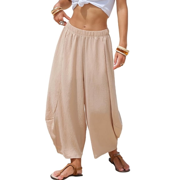 Lumtrix Womens Linen Barrel Pants Baggy Elastic Waist Drawstring Pants Casual Loose Lightweight Trouser Khaki XL