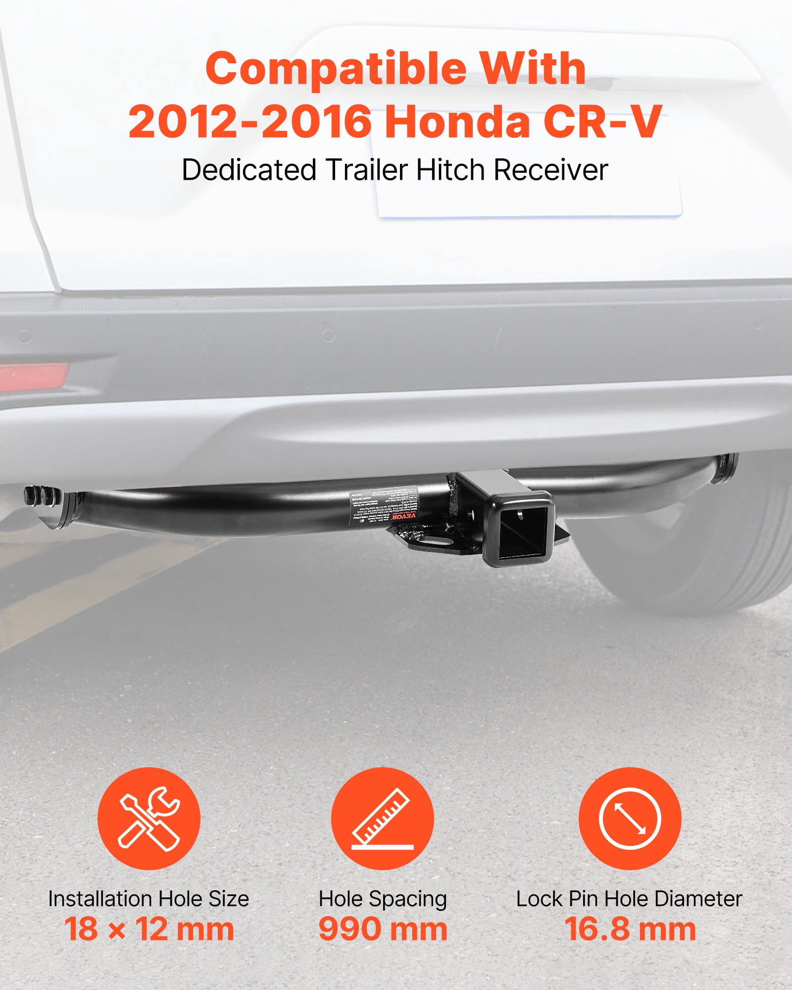 VEVOR Class 3 Trailer Hitch, 2-Inch Receiver, 6000 lbs, Q345B Steel Tube Frame, Compatible with 2012-2016 Honda CR-V, Multi-Fit Hitch to Receive Ball Mount, Cargo Carrier, Bike Rack, Tow Hook, Black
