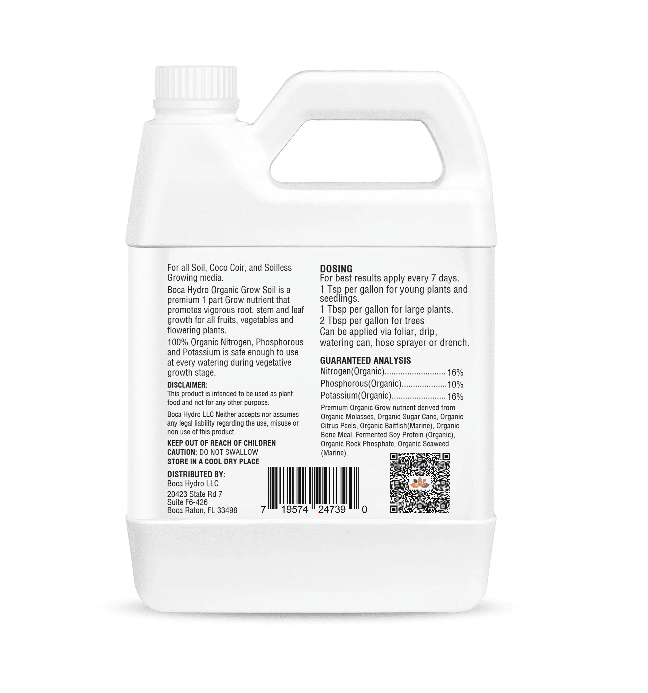 Boca Hydro Grow Soil – Organic Liquid Plant Food 16-10-16 NPK | Base Grow Fertilizer with Amino Acids & Micronutrients | Complete Organic Nutrition for Strong Vegetative Growth, Healthy Roots, and Vi