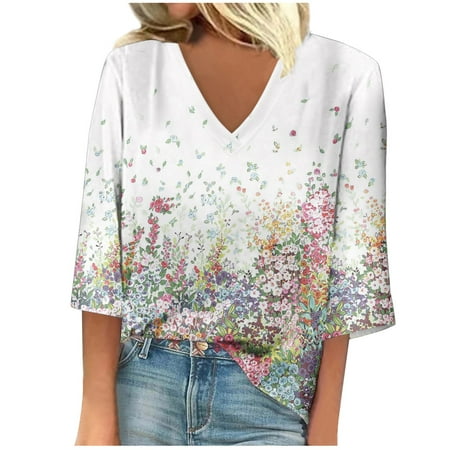 IYYVV Blouses for Women Dressy Casual 3/4 Sleeve Bohemia Flower Womens Corset Top V Neck Hawaiian Shirts for Women Hide Belly Half Sleeve Cotton Blouse Multicolor M