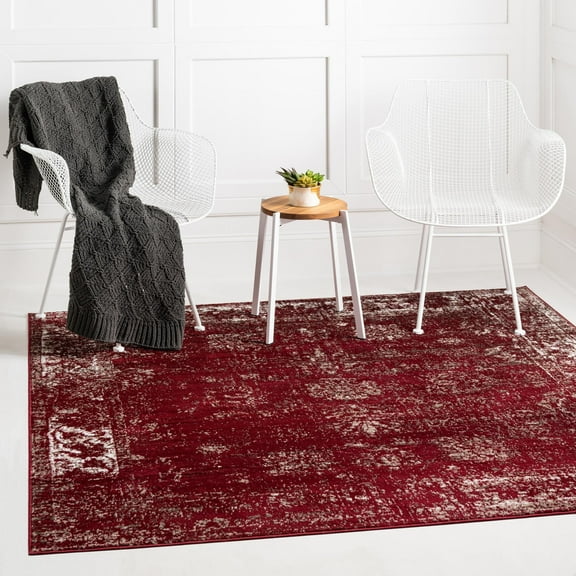 Rugs.com Monte Carlo Collection Rug – 6' Square Burgundy Medium Rug Perfect For Living Rooms, Kitchens, Entryways