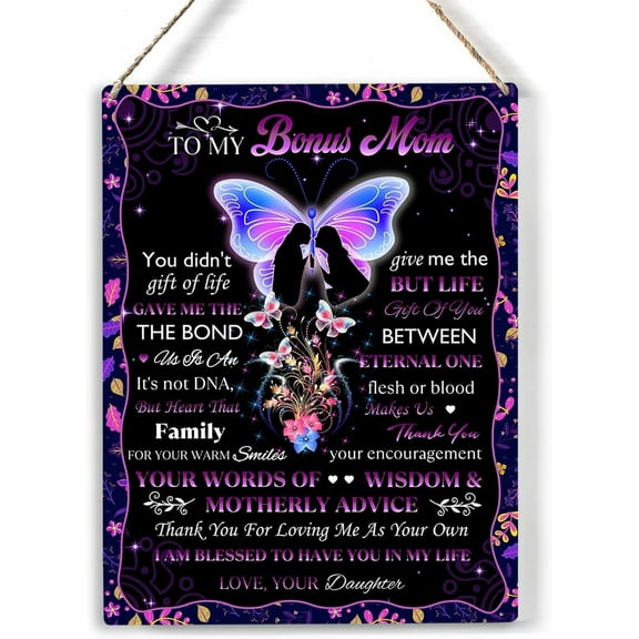 Butterfly Bonus Mom Wood Sign to My Bonus Mom Wooden Signs Rustic Hanging Plaque Home Wall Art 8x10, Perfect Mother Sign Wall Decor for Home Bedroom