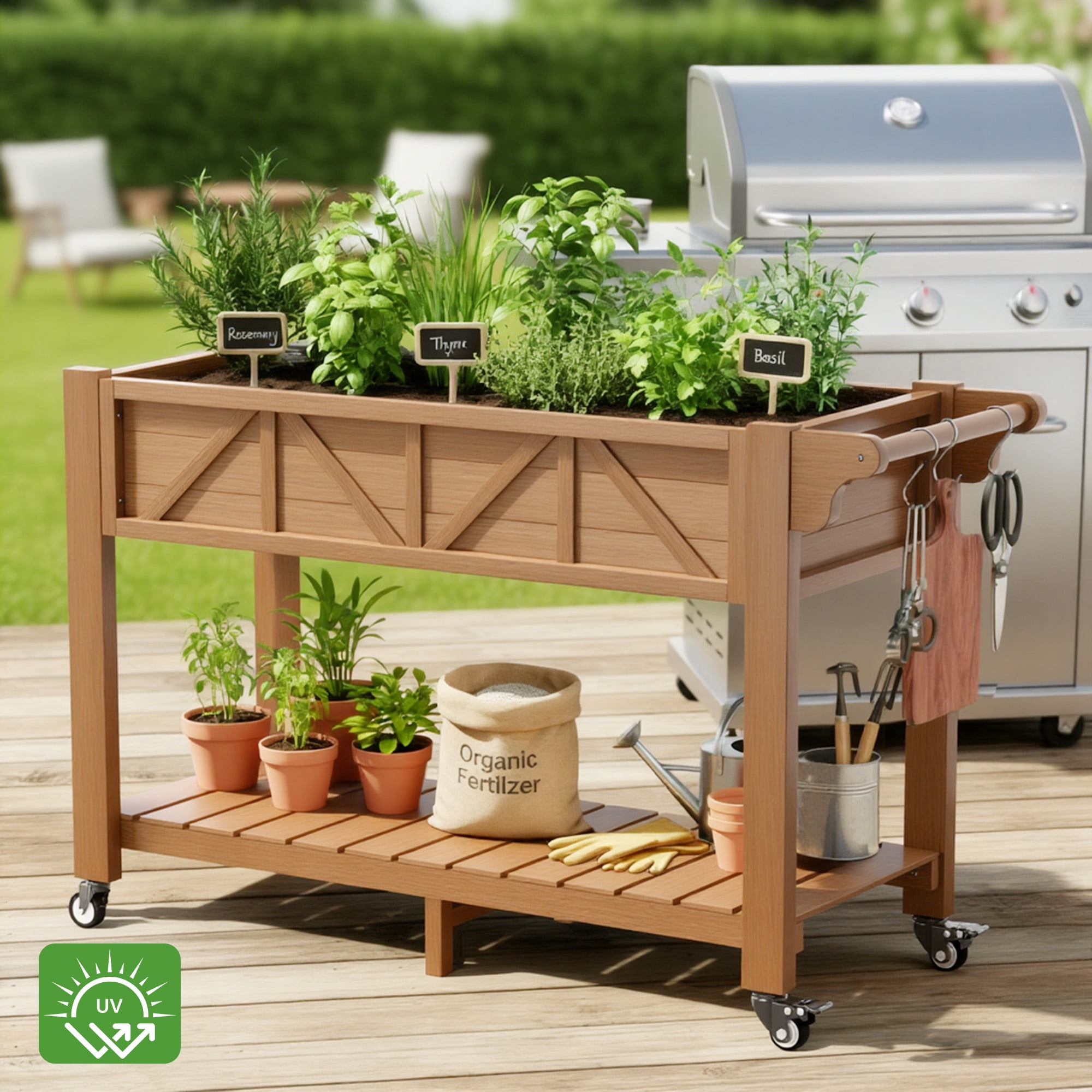 AwayHome 47.2"L x 17.3"W x 27.7"H 2-Tier Teak Outdoor Elevated Raised Garden Bed with Wheels&Handle