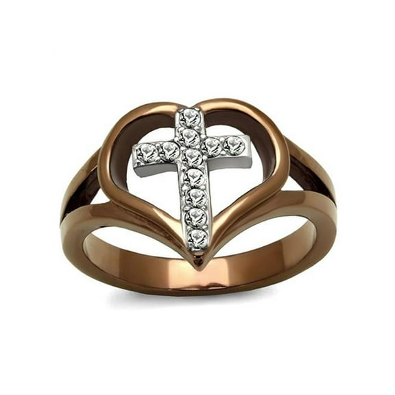 Light Coffee Stainless Steel Crystal Cross and Heart Fashion Ring Womens Size 6